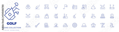 Golf icons collection. Thin Line icons, editable stroke. hole, flag, golfer, water, iron, golf, golf ball, golf field, golf bag, basket, golf cart, mini golf