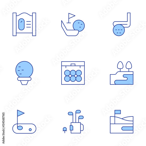 Golf icons set. Line Duotone style, editable stroke. golf course, golf stick, golf, golf ball, golf field