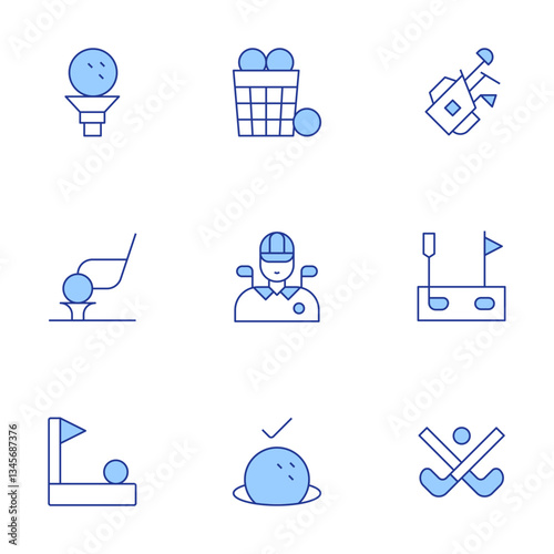 Golf icons set. Line Duotone style, editable stroke. player, golf, golf bag, basket, flag