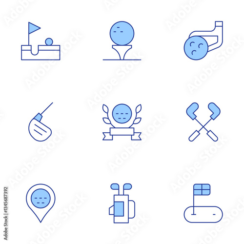 Golf icons set. Line Duotone style, editable stroke. iron, golf hole, golf, map, badge, golf bag