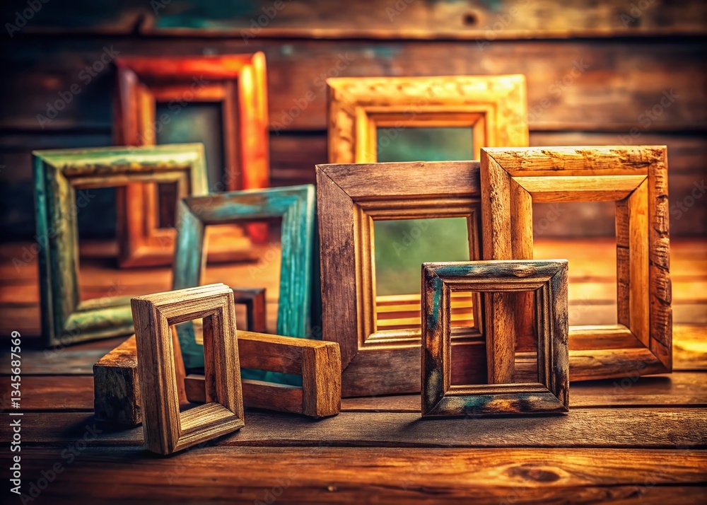 Fototapeta premium Miniature Vintage Wooden Frames, Tilt-Shift Photography, Rustic Craftsmanship, Tabletop Display