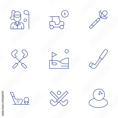 Golf icons set. Thin Line style, editable stroke. golf equipment, golf, golfer, golf stick, golf cart