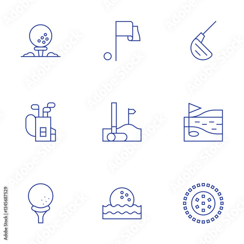 Golf icons set. Thin Line style, editable stroke. flag, iron, golf, golf field, golf ball