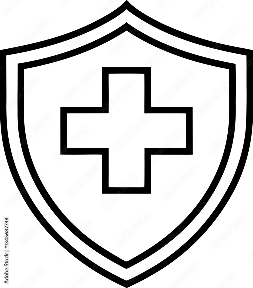 Black Outline Shield with Cross for Medical Health Protection and Healthcare Security, Icon Design Isolated on White Black Outline Shield with Cross for Medical Health Protection and Healthcare Security, Icon Design Isolated on White