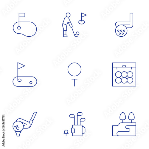 Golf icons set. Thin Line style, editable stroke. golfer, golf ball, golf stick, golf course, green, golf field, golf