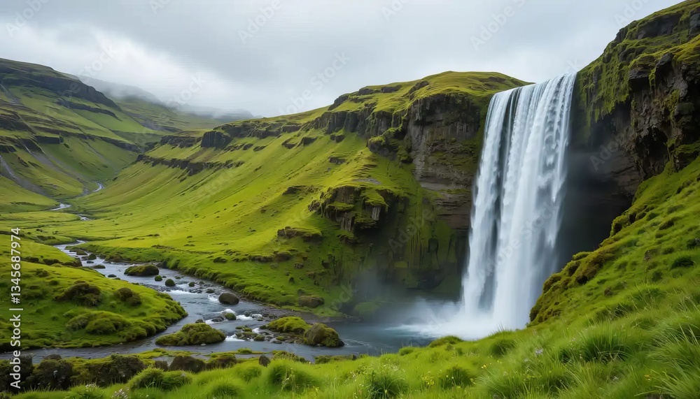 Obraz premium Icelandic Waterfall Green Meadow
