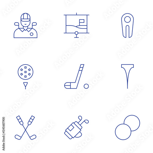 Golf icons set. Thin Line style, editable stroke. player, golf, golf ball, golf stick, golf bag, divot, tee