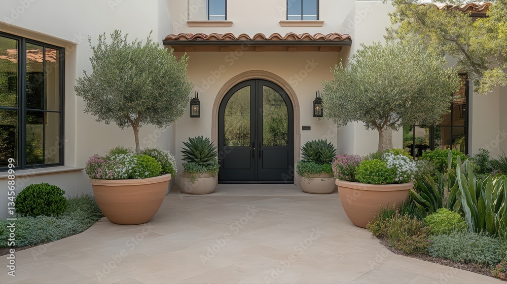 Naklejka premium Mediterranean Home Entrance with Terracotta Pots and Olive Trees
