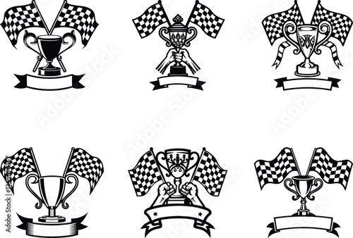 A championship trophy with ornate handles isolated modern vector illustration set, championship trophy with ornate handles silhouette and line art vector