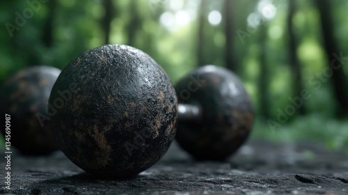Rusty dumbbells in a forest setting.  Close-up view of weathered weights on a dark stone surface amidst nature