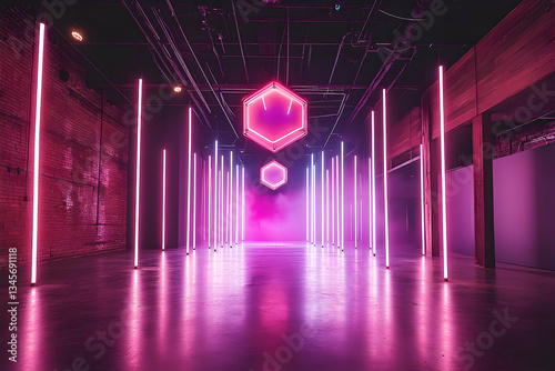 Futuristic neon-lit gallery with pink lights and hexagonal shapes creating an immersive atmosphere photo