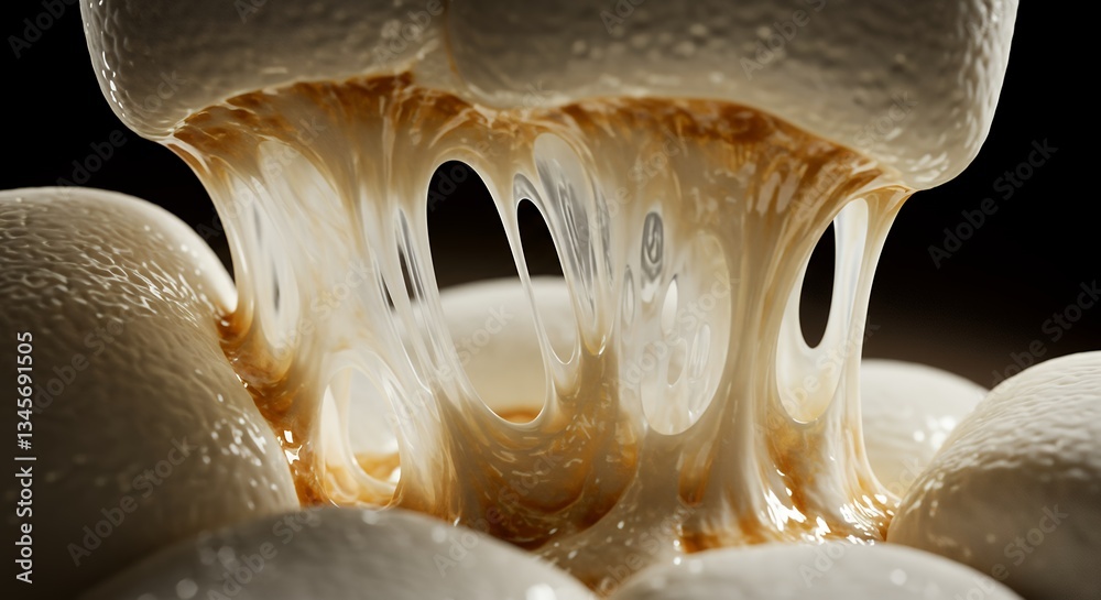 Naklejka premium A close-up view of a rich, caramel sauce cascading over fluffy marshmallows.