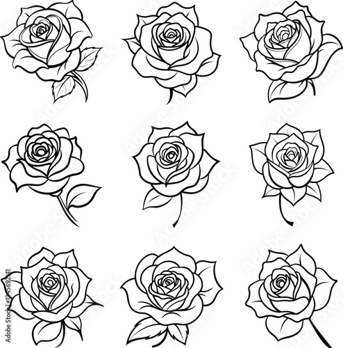 9 icon set on Rose flower Line Art vector on white background