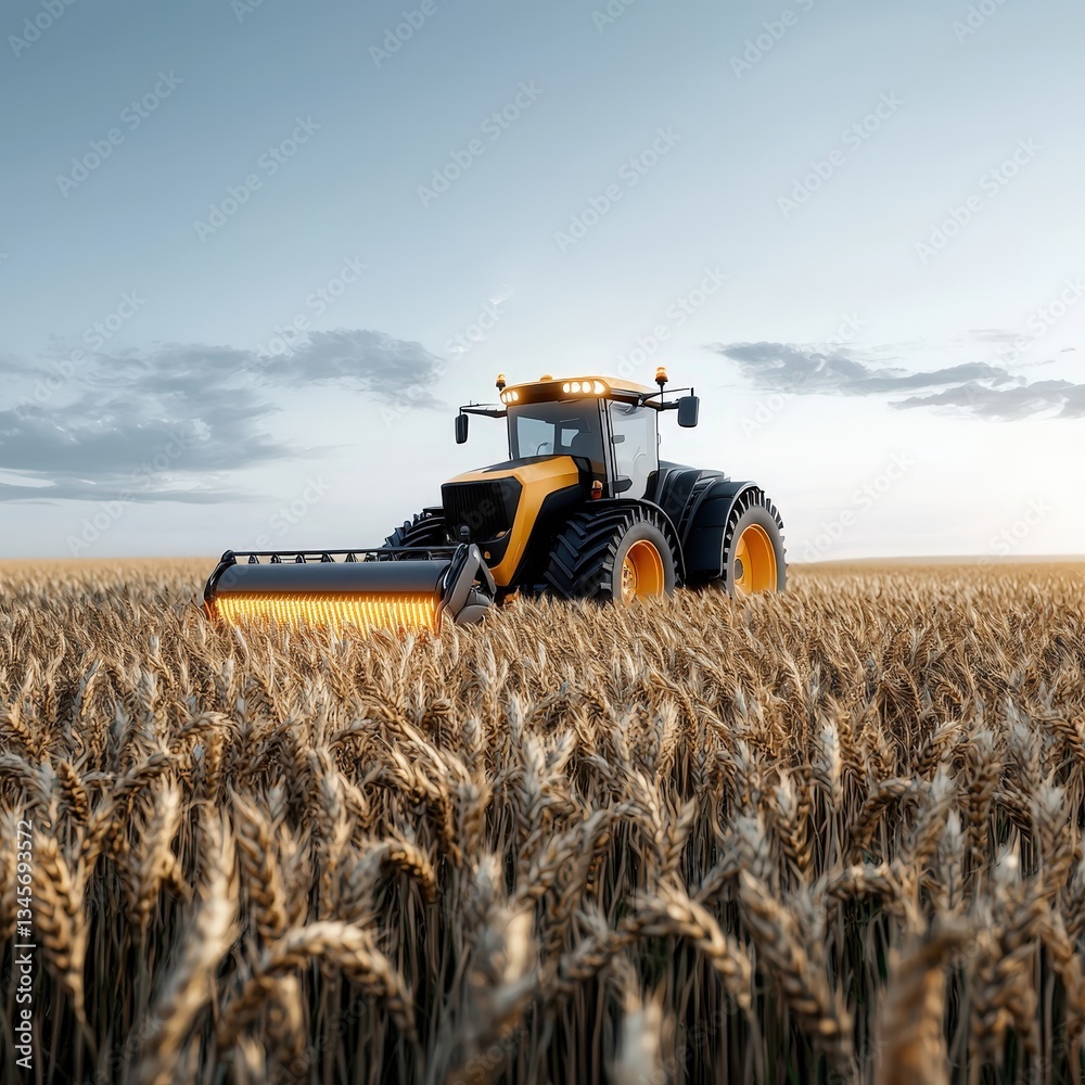 Fototapeta premium Modern Tractor Working in Expansive Wheat Field During Sunset