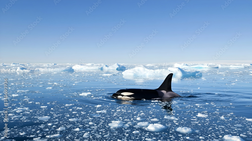 Fototapeta premium Orca Swimming Through Ice-Covered Arctic Ocean