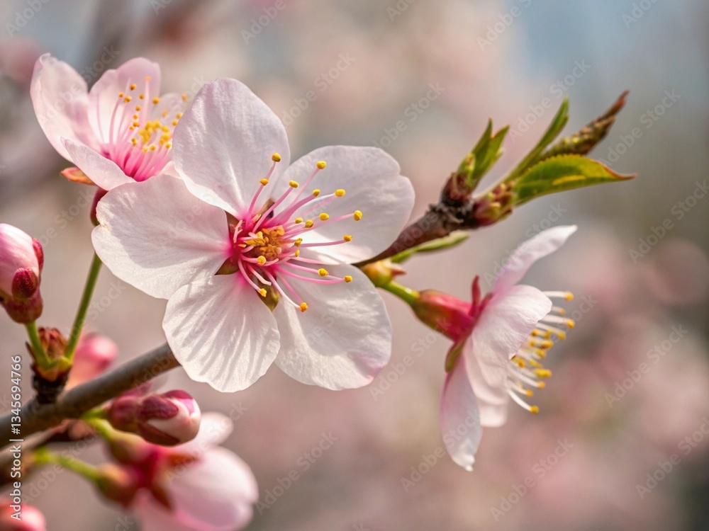Macro Photography of Delicate Cherry Blossom with Pale Pink Petals, Soft Focus Macro Photography of Delicate Cherry Blossom with Pale Pink Petals, Soft Focus