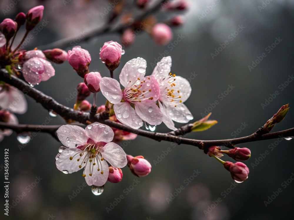 Macro Photography of Delicate Pink Cherry Blossom with Water Droplets, Artistic Blur Macro Photography of Delicate Pink Cherry Blossom with Water Droplets, Artistic Blur
