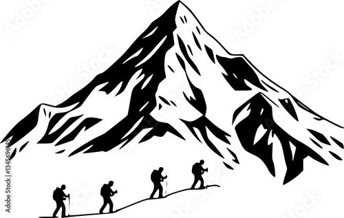 Mount Everest climbers monochrome black and white illustration art detailed graphic vector mountain adventure landscape outdoor nature travel peaks summit trekking expedition wilderness hiking explora