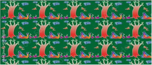  woman working on laptop in tree nad garden, block printing saree pattern, unqork vector, illustratio