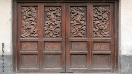 Intricately Carved Dark Brown Wooden Door with Floral and Bird Patterns