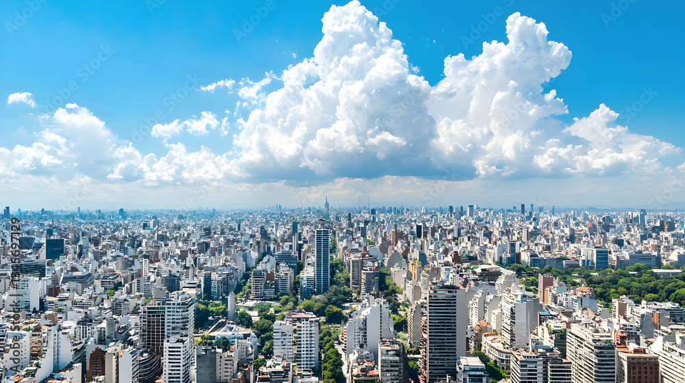Obraz premium Vibrant Cityscape Aerial View Under Blue Sky With White Clouds Showing Dense Buildings and Urban Structures
