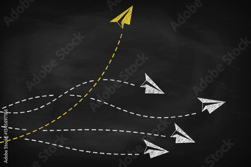 Individual and yellow paper plane flies to the side on black chalkboard