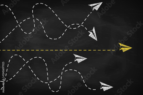 Individual yellow paper plane going through the success. Vector blackboard  black chalkboard
