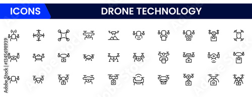 Drone Technology vector line icon set. Contains linear outline icons like Quadrocopter, Propeller, Remote Control, Radar, Camera, Battery, Delivery, Copter.