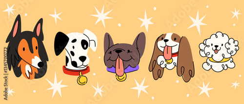 Retro dog muzzles set isolated on yellow background. Vector cartoon illustration of hand drawn doodle collie, dalmatian, french bulldog, poodle puppies wearing collars, pet adoption, canine mascots