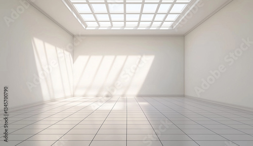 3D rendering of empty white room with ceramic tiled floor and skylight