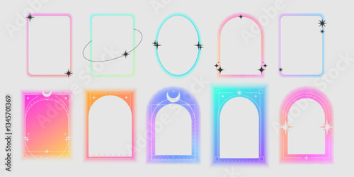 Y2k gradient frame set - rectangular backgrounds, arched window shapes in pastel colors. Pink, purple, blue hues with glowing auras and sparkles. Trendy retro borders. Aesthetic abstract elements.