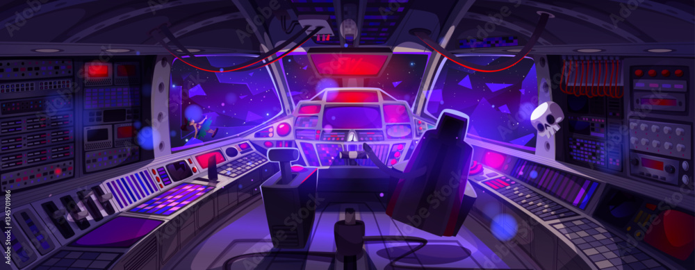 Fototapeta premium Crash situation in futuristic spaceship cockpit interior view - dashboard controls, multiple displays, neon screens. Red emergency lights flashing, alarms, sparks indicate spacecraft systems failure.