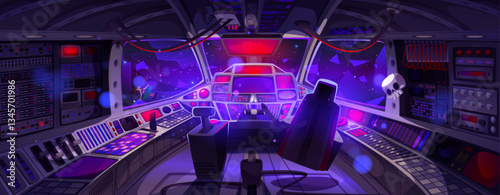 Crash situation in futuristic spaceship cockpit interior view - dashboard controls, multiple displays, neon screens. Red emergency lights flashing, alarms, sparks indicate spacecraft systems failure.