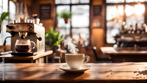 A steaming cup coffee sits a rustic wooden counter a warm, inviting cafe. espresso machine blurred background.