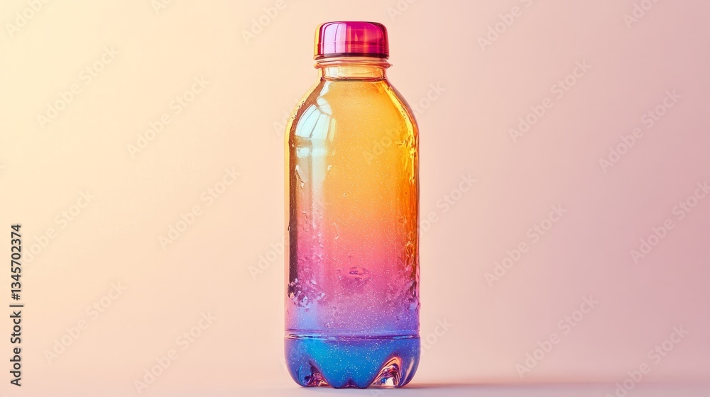 A glittering, translucent reusable water bottle with a rainbow cap, on a plain white background A glittering, translucent reusable water bottle with a rainbow cap, on a plain white background