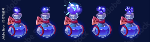 Cartoon potion bottles sprite sheet animation set with glowing colorful liquid and smoke puff clouds effect. Magic purple elixir flasks for fantasy game ui or motion design in multiple frames.