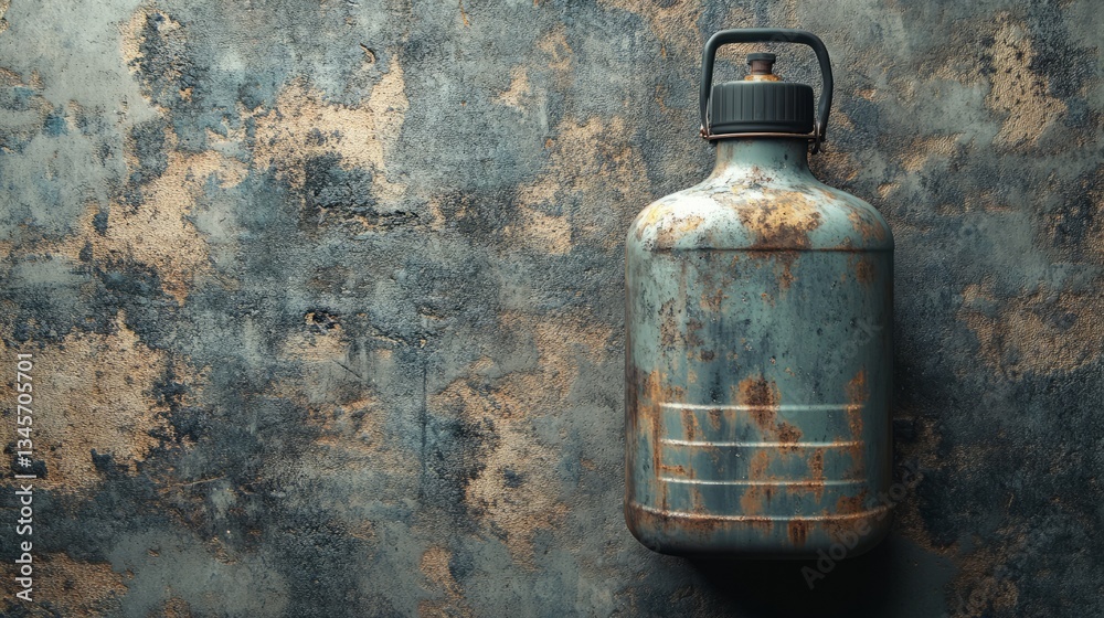 A matte gray car oil container with industrial textures, displayed on a steel background A matte gray car oil container with industrial textures, displayed on a steel background