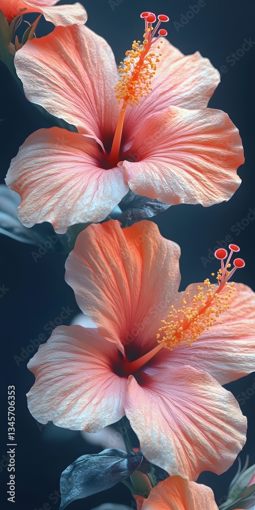 Fototapeta premium Two beautiful hibiscus blossoms bloom against a dark background