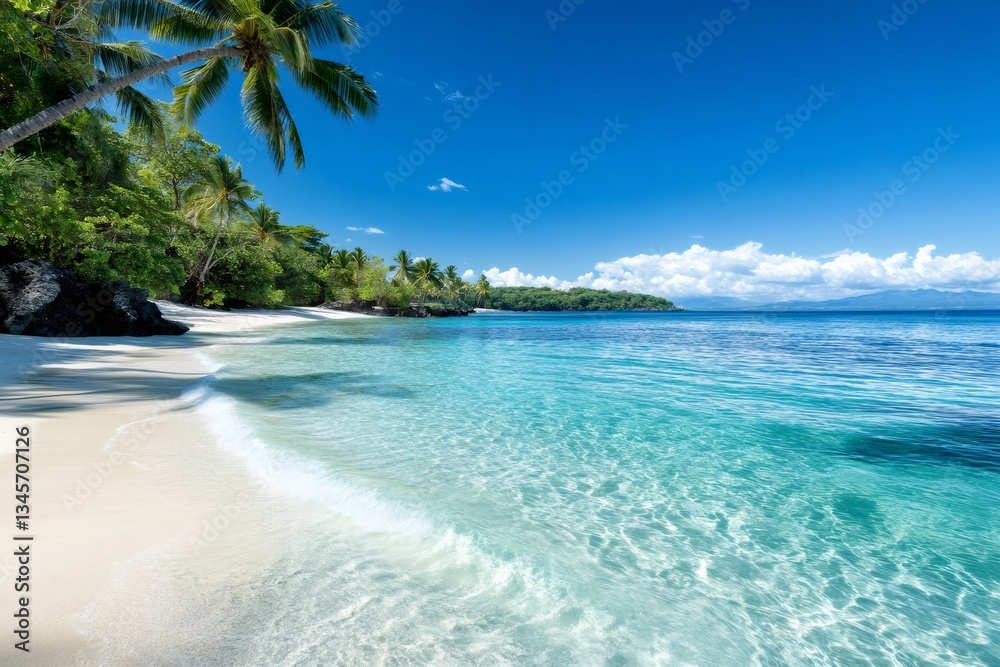 Fototapeta premium Tropical beach with palm trees and turquoise water gently lapping the white sand