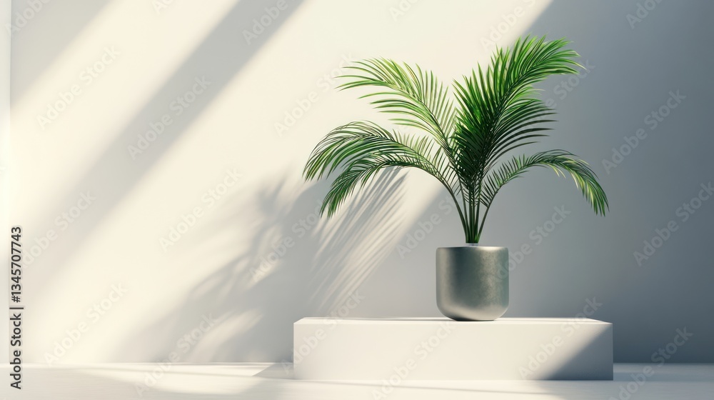 Fototapeta premium Minimalist plant display, sunlit backdrop, modern interior