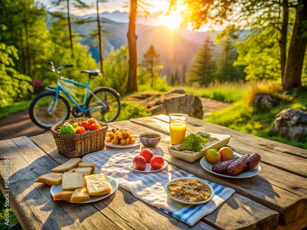Fototapeta premium Mountain Bike Trail Food Picnic: Delicious Energy Boosting Snacks for Cyclists