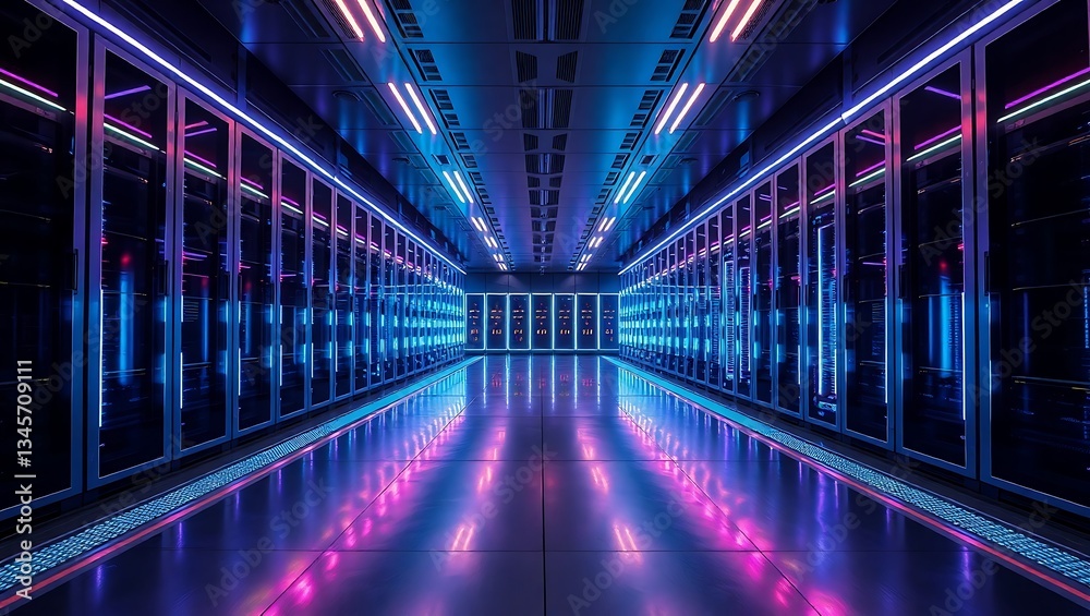 Fototapeta premium Neon-Lit Server Room with Glowing Data Racks in a Futuristic Corridor