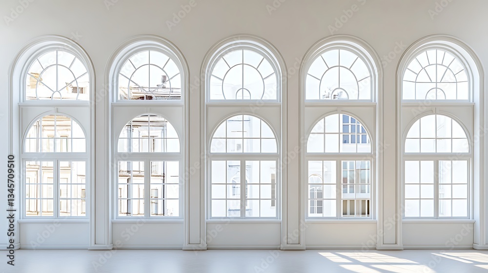 Obraz premium Elegant White Room with Six Arch Windows Offering a Bright and Airy Atmosphere