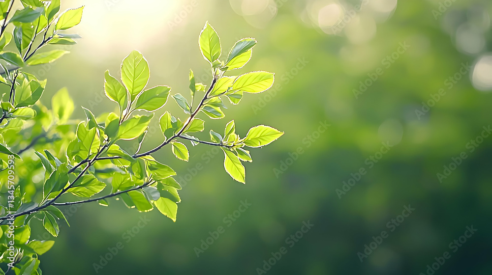 Obraz premium Close Up Of Green Leaves On Branch With Bright Sunlight And Blurred Green Background