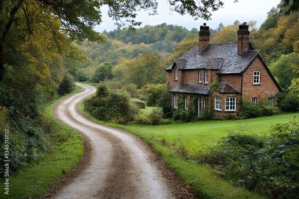 Winding dirt road leading to cozy house in autumn countryside