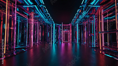 Vibrant Neon Illumination in Futuristic Abstract Art Installation with Dynamic Symmetry and Multicolor 3D Effects