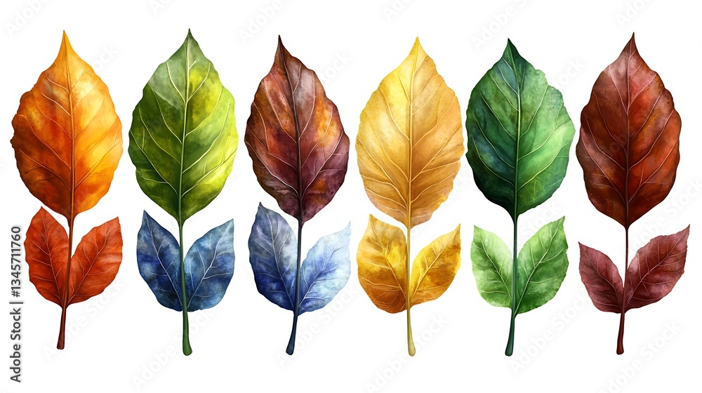 Fototapeta premium Vibrant Autumn Leaves Watercolor Collection: A Spectrum of Fall Colors