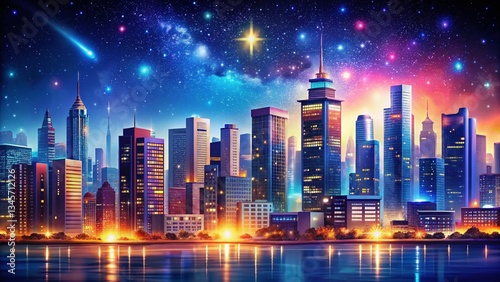 Wallpaper Mural Night Cityscape Banner Clipart: Illuminated Buildings and Starry Sky Torontodigital.ca