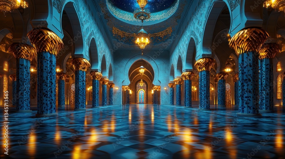 Obraz premium Grand Mosque Interior, Night, Blue Tiles, Golden Pillars