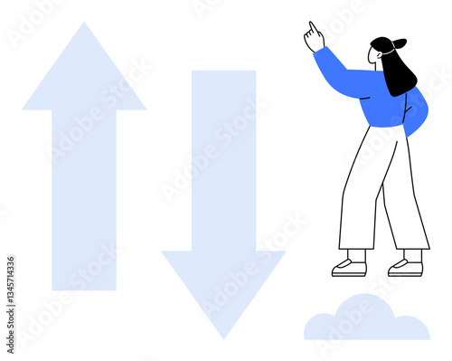 Woman gestures upward beside large arrows representing ascent and descent, paired with a cloud. Ideal for business trends, growth, change, decision-making, evaluation, progress minimalism. Flat